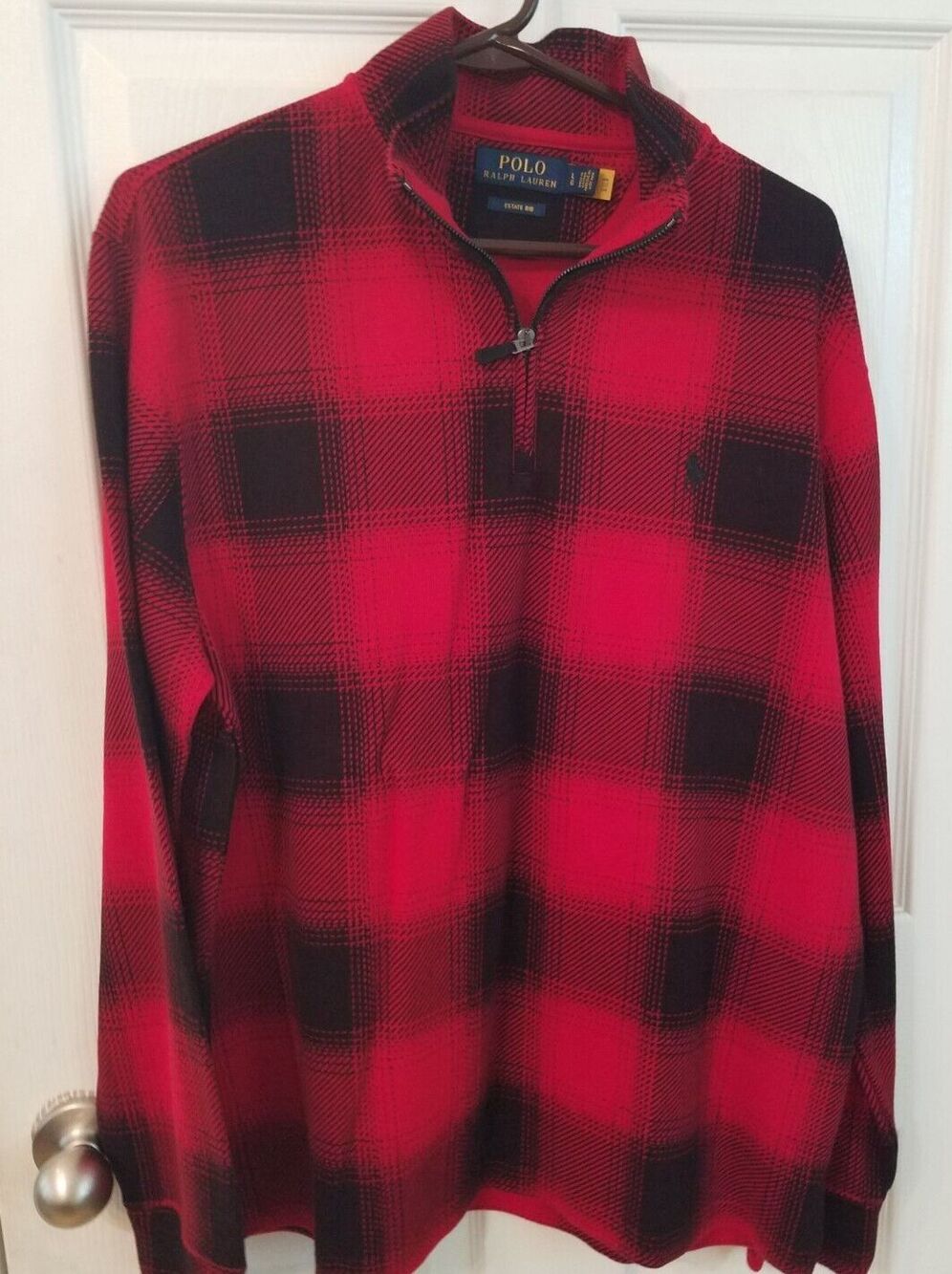 Polo By Ralph Lauren Men's Estate Rib Red & Black Plaid 1/4 Zip Pullover Sz L